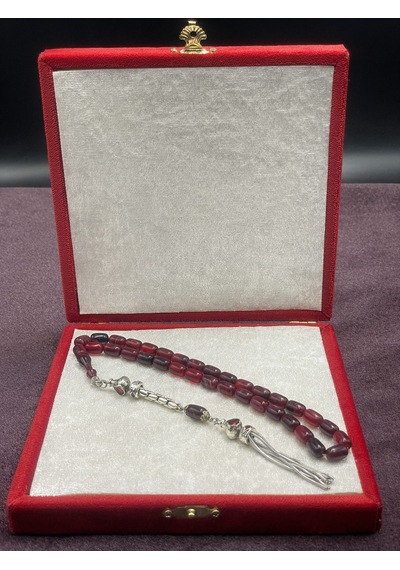 Alpaka Zincir Püsküllü Sıkma Kehribar Tesbih Bordo, 7x11 Mm