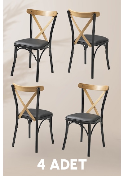 Tonet Sandalye - Deri Kumaş - Metal İskelet - Mutfak Sandalyesi - Salon Sandalyesi 4 Adet Siyah