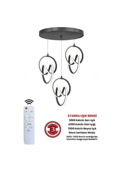 Ilgaz 3 Lü İmza Ledli Siyah Kasa Sarkıt Avize Dimmer Uzaktan Kumandalı
