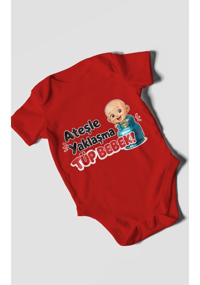 Morivokids Ateşle Yaklaşma Tüp Bebek Kısa Kollu Bebek Body %100 Pamuk Kırmızı