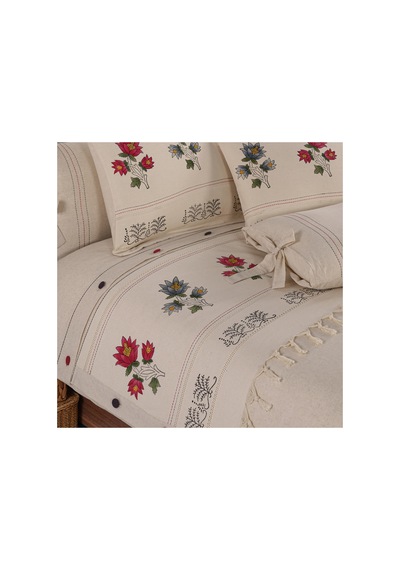 Gül Desen 200x220 Pamuk-keten Çift Kişilik Taş Baskı Nevresim Takımı Krem - 747908355 Krem