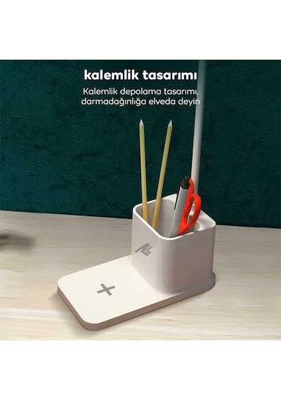 Ally Kablosuz Sarj Göz Korumali Portatif Led Masa Lambasi Kalemlik Beyaz