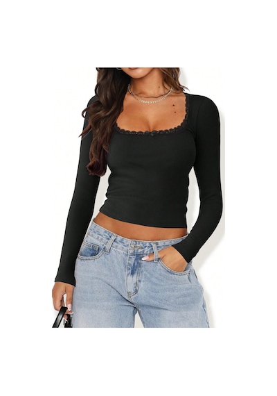 Kadın Siyah Kare Yaka Dantelli Uzun Kollu Crop Top Bluz