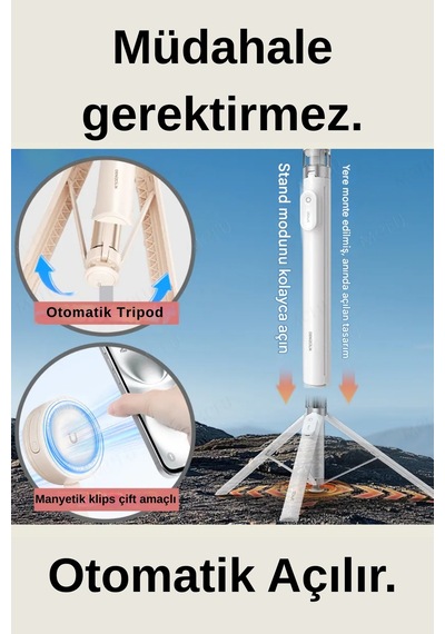 Wearfitpro Otomatik Açılır Manyetik Telefon Tripodu Uzaktan Kumandalı Selfie Çubuğu Cep Telefonu Tutucu Standı