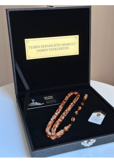 Altın Parçacıklı Tesbih Erkek Hediye Sertifika Özel İsim Turuncu