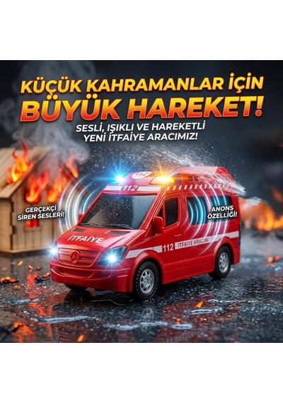 Işıklı Sesli Pilli Çarp-dön Mekanizmalı Gerçekci Siren Sesli Kırmızı Oyuncak İtfaiye Arabası Çok Renkli