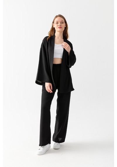 Zen Elegance Kadın Kimono Takım - Geniş Paça Keten Dokulu Alt Üst Yazlık Kadın Takım Siyah Zen Elegance Kadın Kimono Takım - Geniş Paça Keten Dokulu Alt Üst Yazlık Kadın Takım Siyah