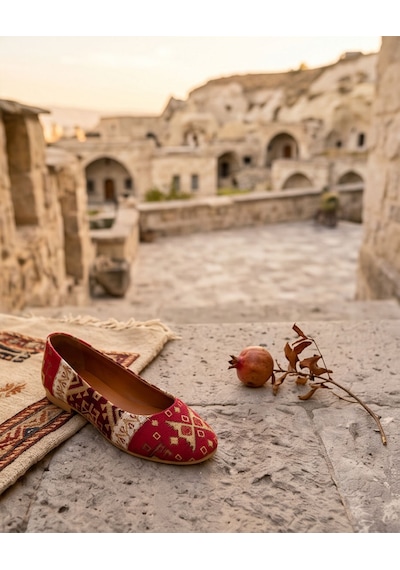 Futsishoes Vıttorıa Hakiki Deri Etnik Desenli Kadın Kırmızı Kilim Desenli Babet