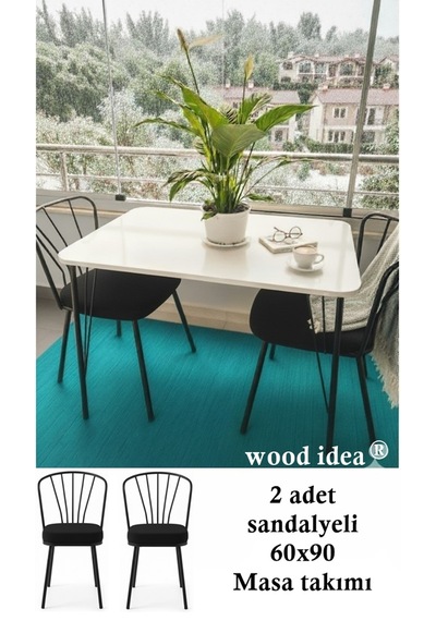 Mutfak Masası, Yemek Masası , Balkon Masası 60x90 Metal Ayaklı 2 Sandalyeli Beyaz - Siyah