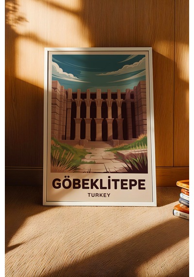 Göbeklitepe Tablo - Retro Travel Poster - Tarihin Sıfır Noktası Duvar Dekoru - Çerçeve İllüstrasyon Beyaz
