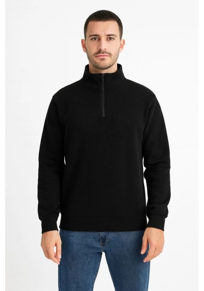 Butik İstanbul Erkek Dik Yaka Sweatshirt Dik Yaka Yarım Fermuarlı 3 İplik Şardonlu Pamuk Kumaş - Siyah