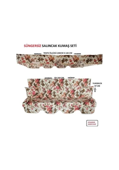 Süngersiz Tenteli Salıncak Kılıf Seti Mindersiz 3 Kişilik İngiliz Gülü 164x47 Cm