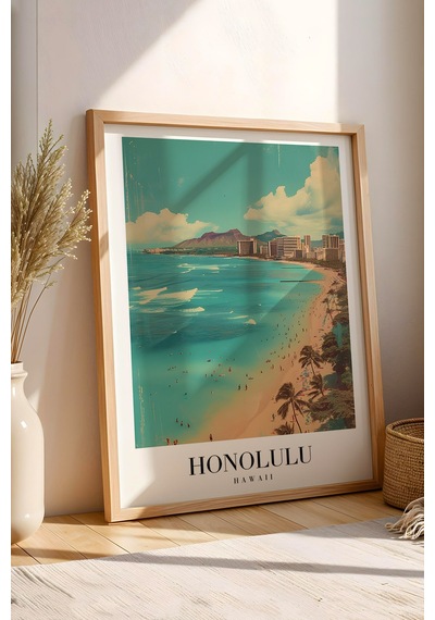 Honolulu Hawaii Vintage Seyahat Posteri Çerçeveli Tablo - Premium Tropikal Sahil Elit Duvar Dekoru Kayın