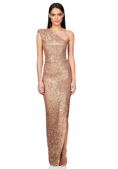 Hanife Glam Couture Tek Omuz Büzgü Detaylı Pulpayet Abiye Elbise Gold