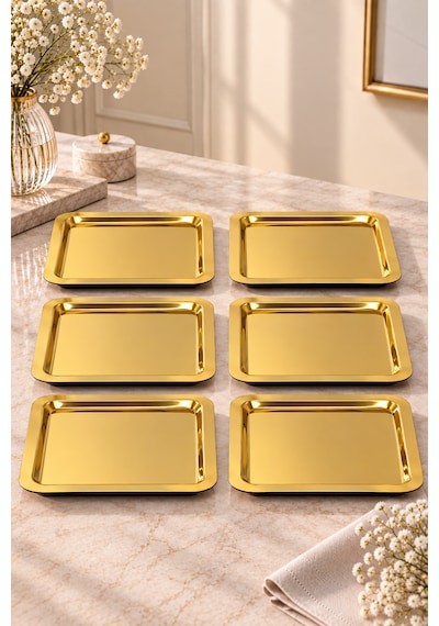 6 Lı Gold Paslanmaz Metal Kahve Sunum Servis Tepsisi Tepsi 22cm