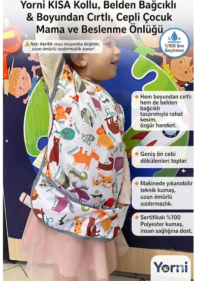 3-6 Yaş Zoo Kısa Kollu Sıvı Geçirmez Önlük, Makinede Yıkanabilir, Boya, Oyun Ve Yemek Zamanı Belirtilmemiş