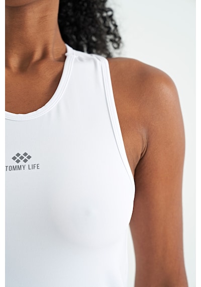 Tommy Life Beyaz Yırtmaç Detaylı O Yaka Sıfır Kollu Standart Kalıp Kadın Spor Atlet - 97256 Beyaz