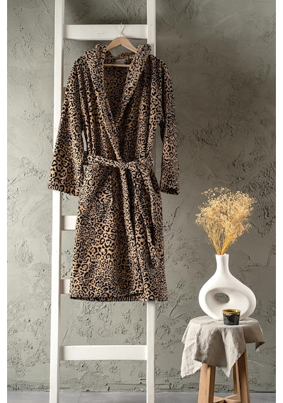 Soley Panthera %100 Pamuk Kadın / Erkek Bornoz Unisex Leopar Baskılı - Kahve Biyeli