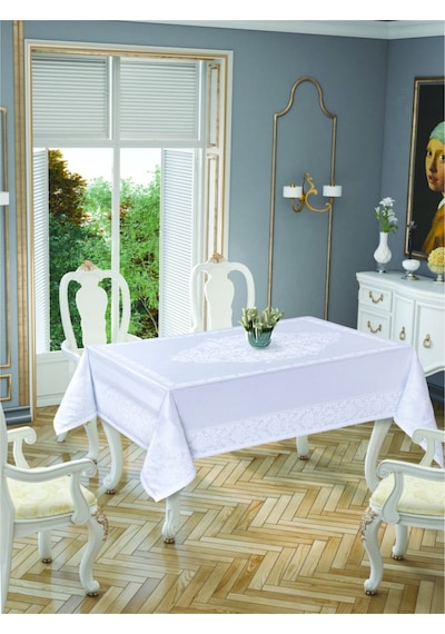 Jumbo Jakar Pano Desen Leke Tutmaz Jakarlı 150x220 Cm Lüks 8 Kişilik Masa Örtüsü Beyaz