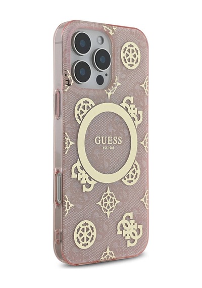 Apple Uyumlu iPhone 16 Pro Max Kılıf Guess Lisanslı Magsafe Özellikli Iml Peony Ve 4g Desenli Klasik Logolu Pembe