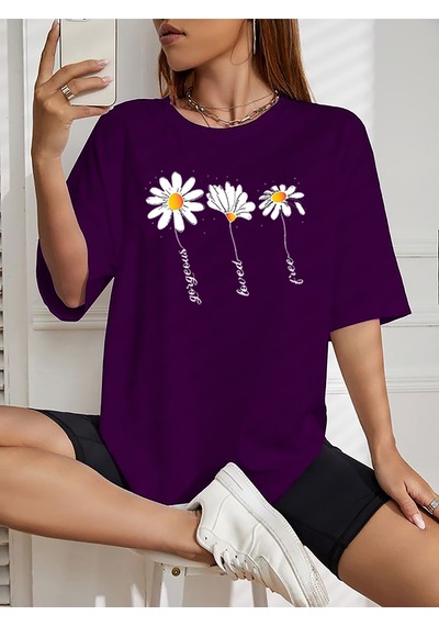 Papatyalar Baskılı T-shirt - Baskılı Oversize Bisiklet Yaka Kısa Kol Tişört Mor