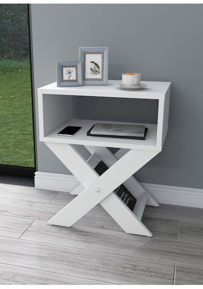 Enda Home X Ayaklı Dergilikli Başucu Komodin Yan Sehpa Sade Beyaz