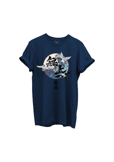 Japon Sanatı Stilinde Turna Kuşları Ve Dalga Desenli %100 Pamuk Regular Fit Unisex T-shirt Lacivert