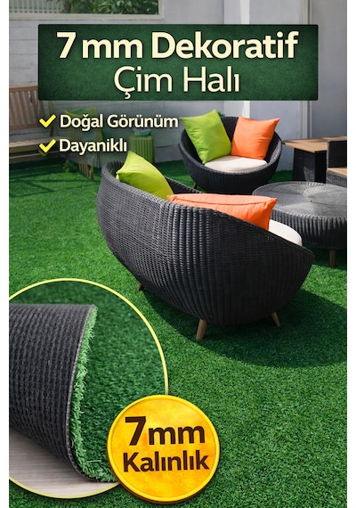 7 Mm Dekoratif Çim Halı Doğal Görünüm, Pratik Kullanım 100 x 1150