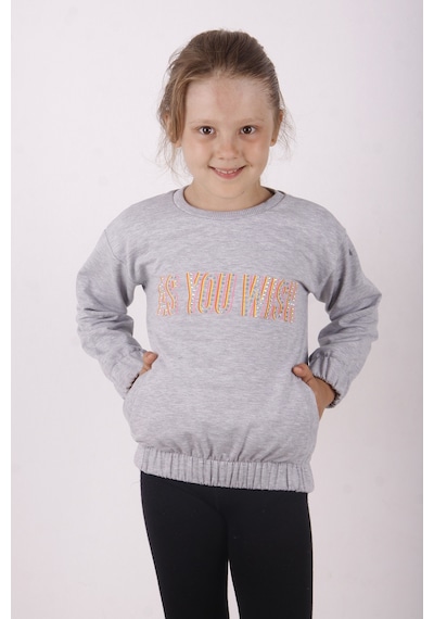 Toontoy Kız Çocuk You Wish Baskılı Sweatshirt Gri Melanj
