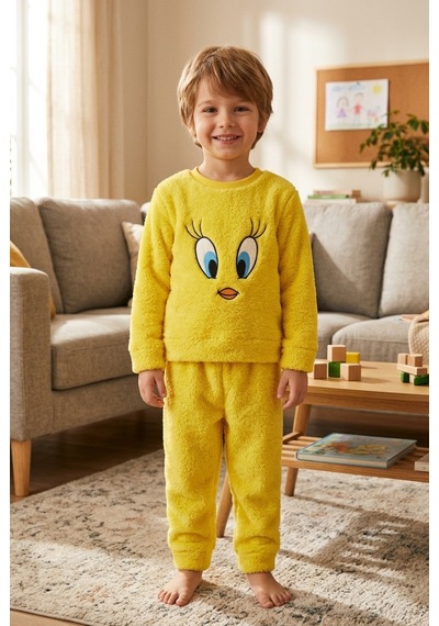 Beniizle Nakışlı Unisex Çocuk Peluş Alt Üst Takım Sarı