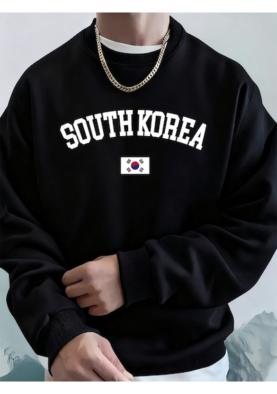 Startmore Startmoregüney Kore Bayrağı Baskılı Erkek Sweatshirtleri Kışlık Bisiklet Yaka Kapüşonlu Üstler Sokak P Siyah