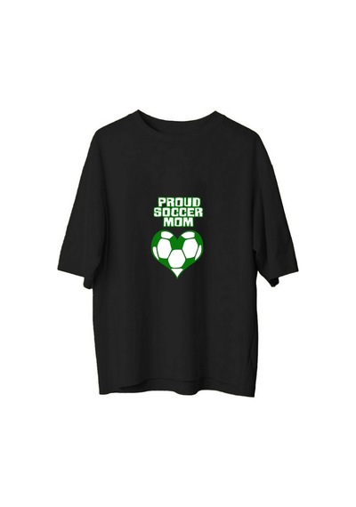 Paybuy Kadın Oversize Futbol Annesi Baskılı Kısa Kollu Tişört Kalp Motif Siyah