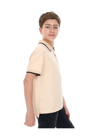 Toontoy Kids Toontoy Erkek Çocuk Polo Yaka Kolu Baskılı Tişört Bej