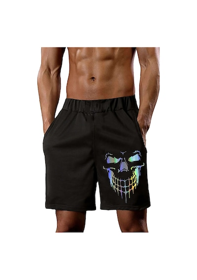 Skull Penye Şort - Siyah Baskılı Kısa Kordonsuz Siyah