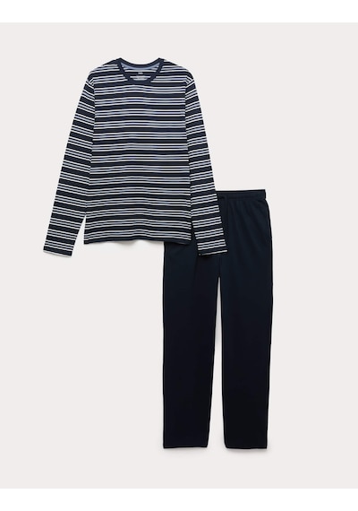 Marks & Spencer Saf Pamuk Çizgili Pijama Takımı T07000570 Lacivert