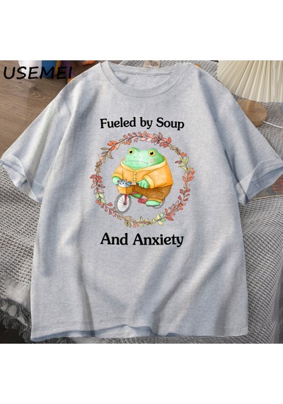Flood Of Style Komik Kurbağa Grafik T-shirt Çorba Ve Anksiyete T Shirt Erkek Kadın Rahat Zihinsel Tshirt Mod Gri