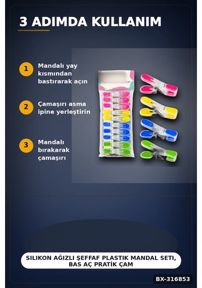 Silikon Ağızlı Şeffaf Plastik Mandal Seti, Bas Aç Pratik Çamaşır Mandalı 10 Adet Bx-316853 Diğer