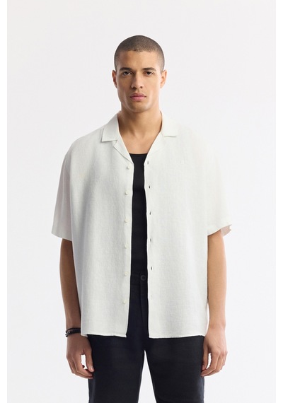 Avva Erkek Beyaz Apaj Yaka %100 Keten Kısa Kollu Oversize Fit Gömlek A51y2209