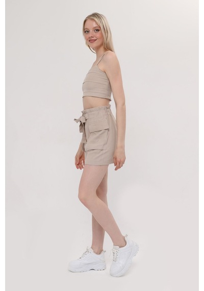 Hgfashion İkli Crop Şort Takımı Bej Rengi Bej