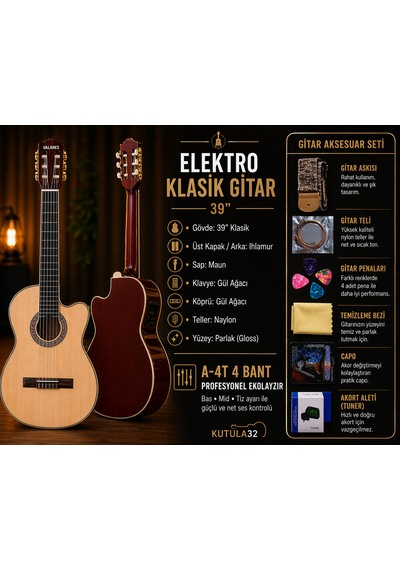 Qcg2303n Elektro Klasik Gitar 39 4 Bant Ekolayzırlı, Gül Ağacı Klavye Full Set: Askı, Tel, Pena, Capo, Tuner, Temizleme Bezi Hediye Natürel