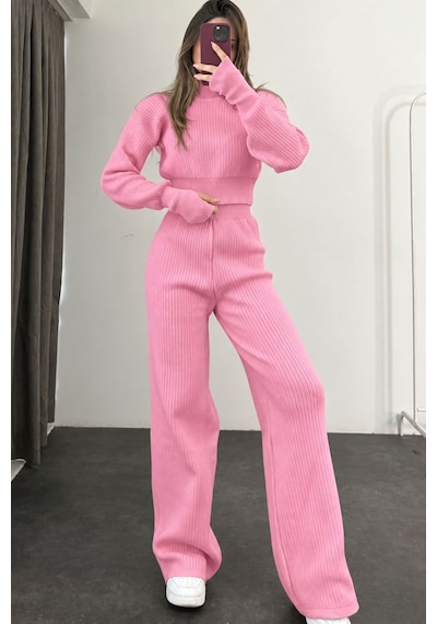De Pose Kadın Yarım Balıkçı Örgü Crop Kazak Pantolon Triko Alt-üst Takım Pembe Pembe