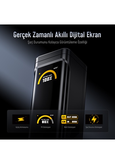 Aohi The Black Warrior 10.000 Mah 65w Pd3.0 Powerbank, Akıllı Dijital Göstergeli Taşınabilir Hızlı Şarj Cihazı, Siyah