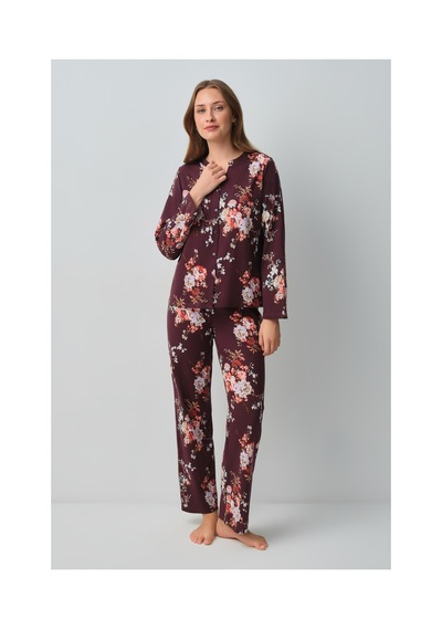 Suwen Mimoza Pamuklu Gömlek Yaka Pijama Takımı Wsh10510154662 Bordo Desenli