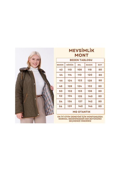 Mg Otantik Büyük Beden Pamuk Ekoseli Kapitone Kaban - Kapüşonlu Mevsimlik Mont Mg001 Haki