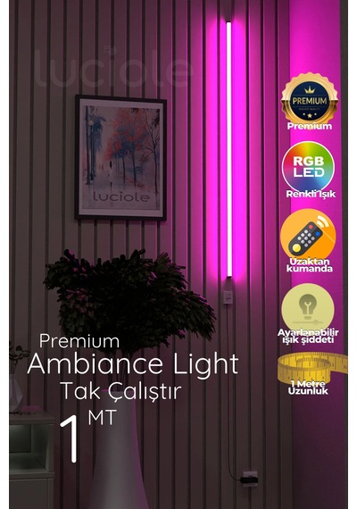 Köşe Led Abajur Aplik Gece Lambası Yatak Üstü Çok Özellikli 16 Renkli 4 Animasyonlu Açık Kırmızı