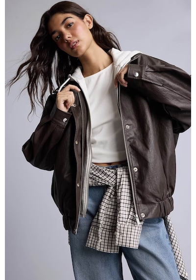 Defacto Relaxed Fit Kapüşonlu Kahverengi Kadın Deri Mont H3752ax/bn605