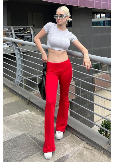 Madmext Kırmızı Beli Fitilli Yüksek Bel İspanyol Paça Pantolon Mg2096-kırmızı Kırmızı