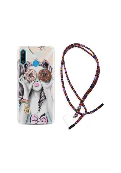 Huawei P30 Lite Kılıf Rasta Boyun Askılı Donut Girl 1408