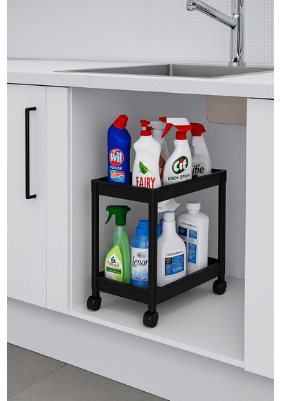 Sas Haus Flex Elite Pro 2 Katlı Siyah Tekerlekli Çok Amaçlı Banyo & Mutfak Düzenleyici Raf Evye Altı Deterj Si
