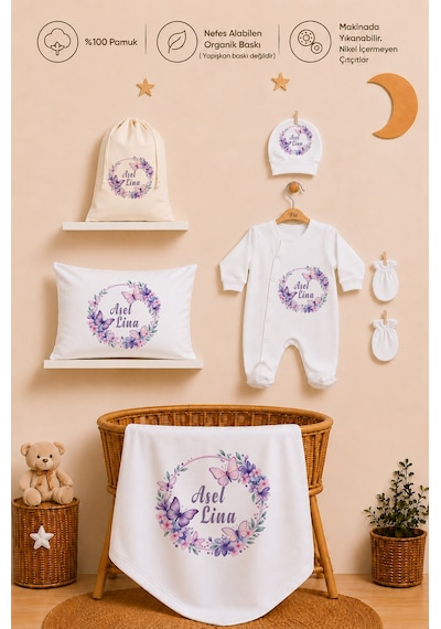 Pia Baby Kız Bebek Hastane Çıkışı 12 Parça %100 Pamuk İsme Özel Organik Baskılı Kese Hediyeli 101811k0x Ekru